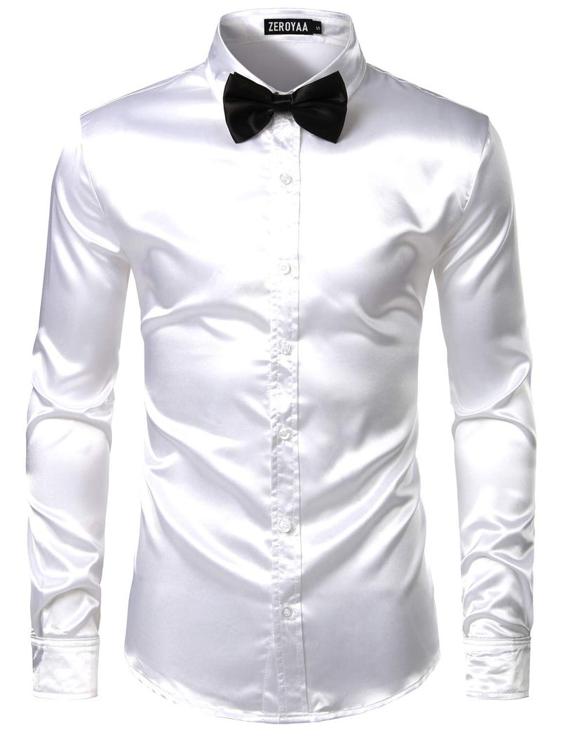 ZEROYAA Men's Luxury Shiny Silk Like Satin Button Up Dress Shirts ZLCL14-White Large - Image 1